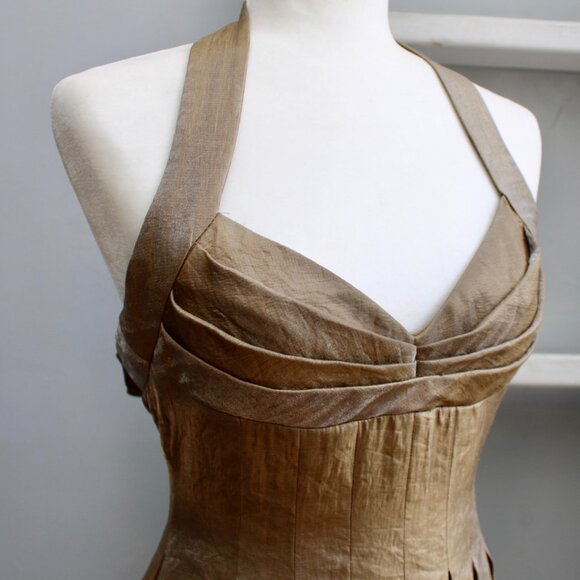 London Times VTG Y2K Gold Metallic Halter Pleated A-Line Midi Party Dress Size 2 - Picture 3 of 7